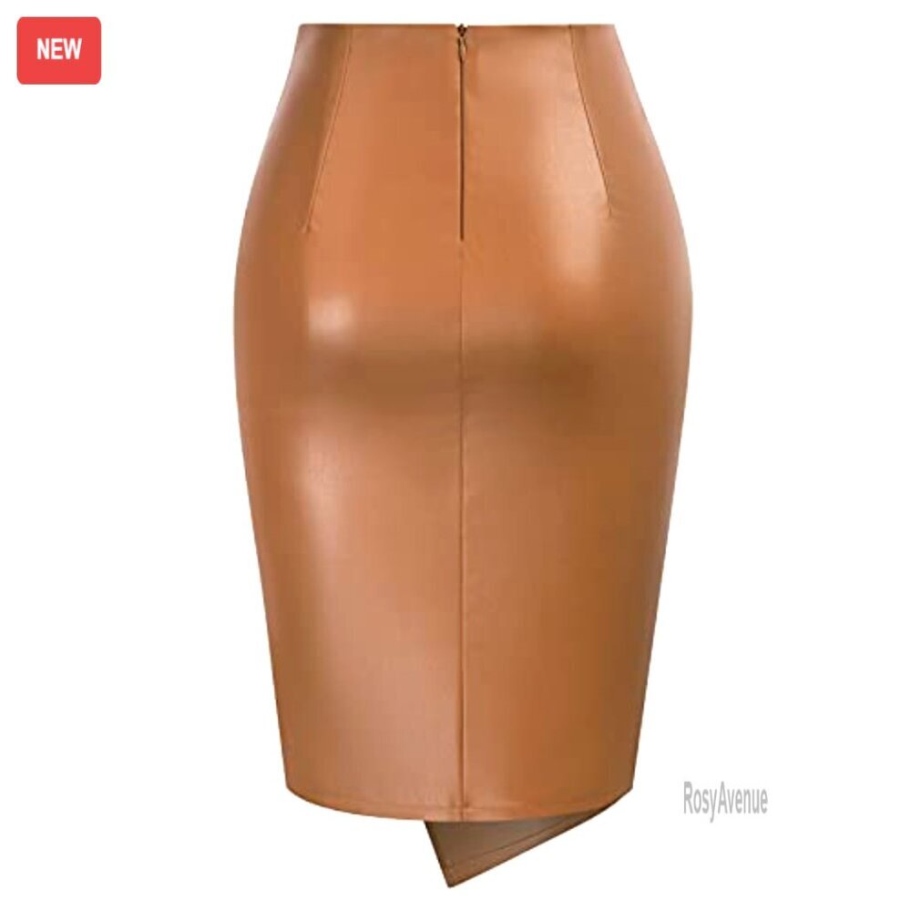 Faux Leather High Waist Wrap Midi Skirt, Stretchy PU, Business Casual Pencil - Picture 3 of 7